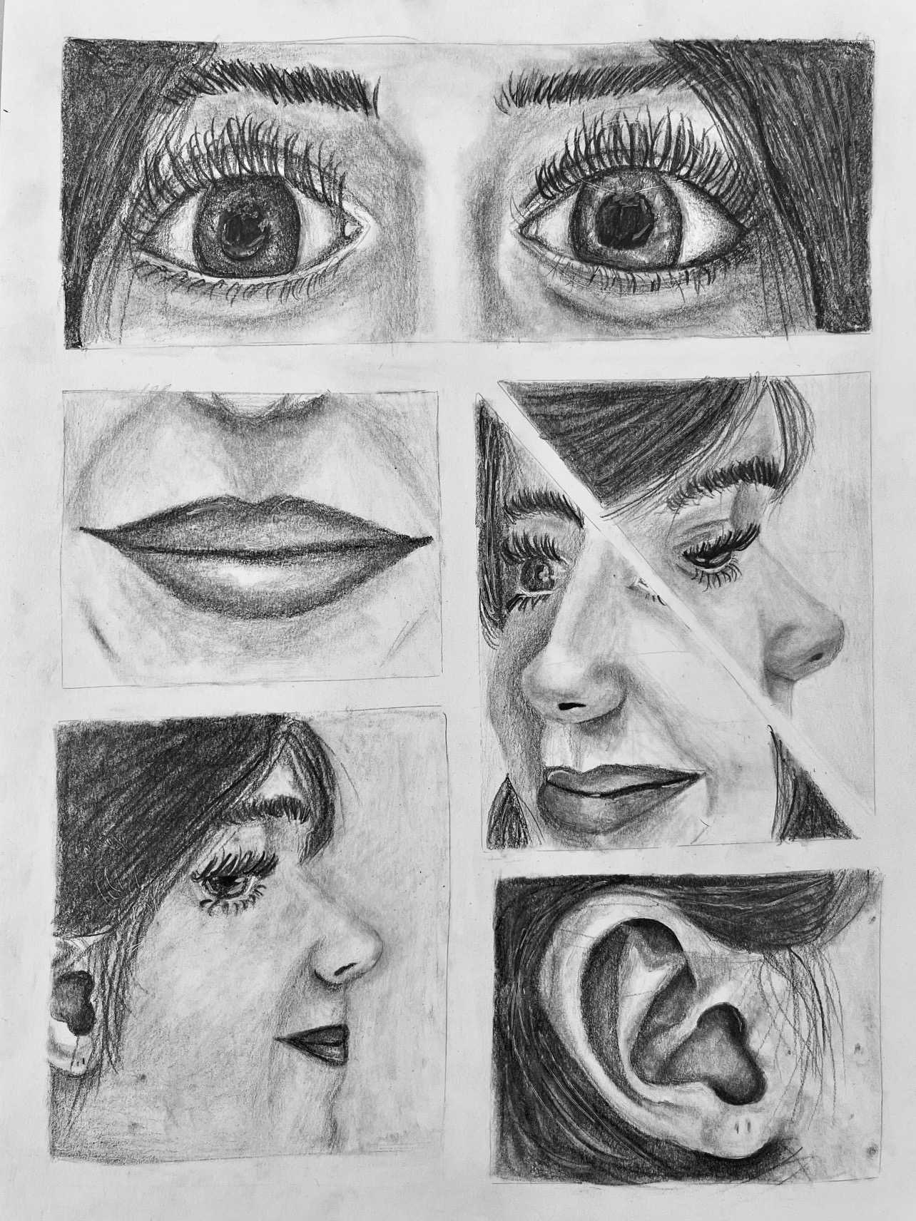 Graphite studies of facial features: eyes, lips, face profiles, and an ear