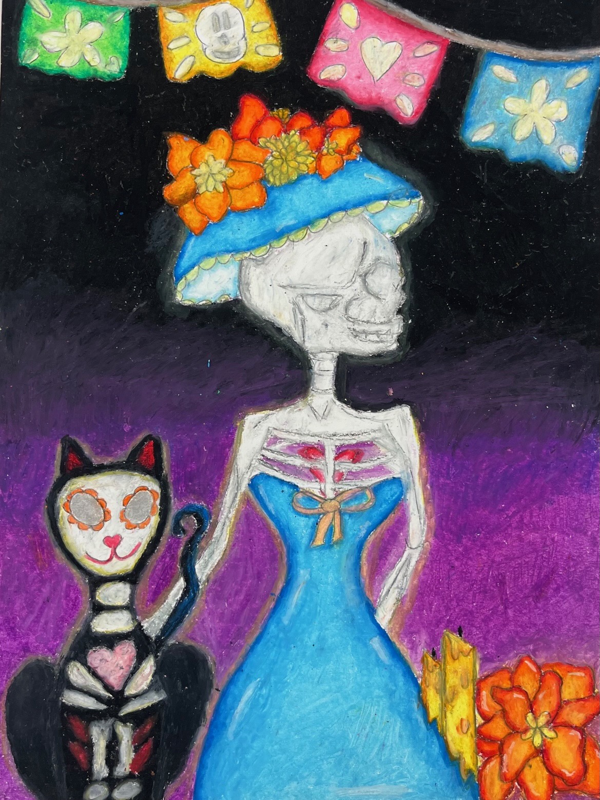 Día de los Muertos illustration with La Catrina skeleton, sugar skull cat, papel picado, and marigolds